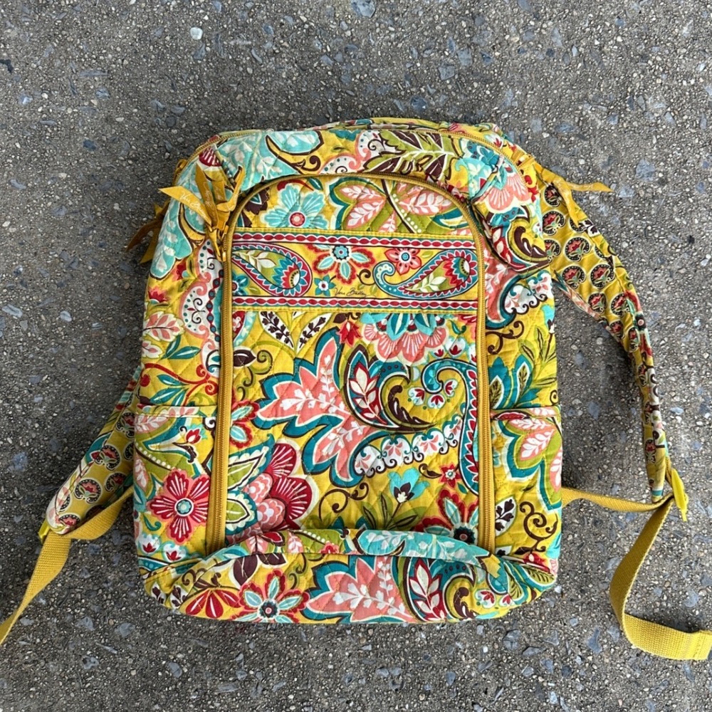 Vera Bradley Quilted Cotton Backpack Yellow Paisley Floral Campus School Bag